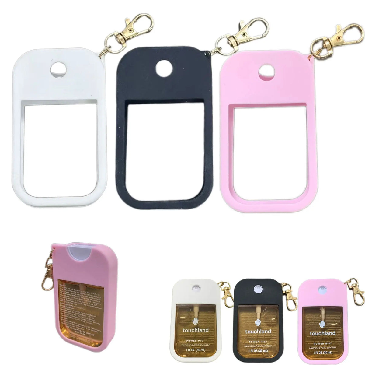 Three silicone protective cases for hand sanitizer spray in white, black, and pink with metal keyrings