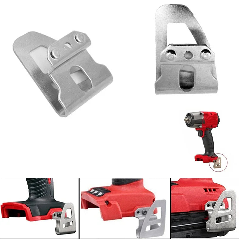 A set of belt clip hook bits and a red cordless drill accessory for holding bits.
