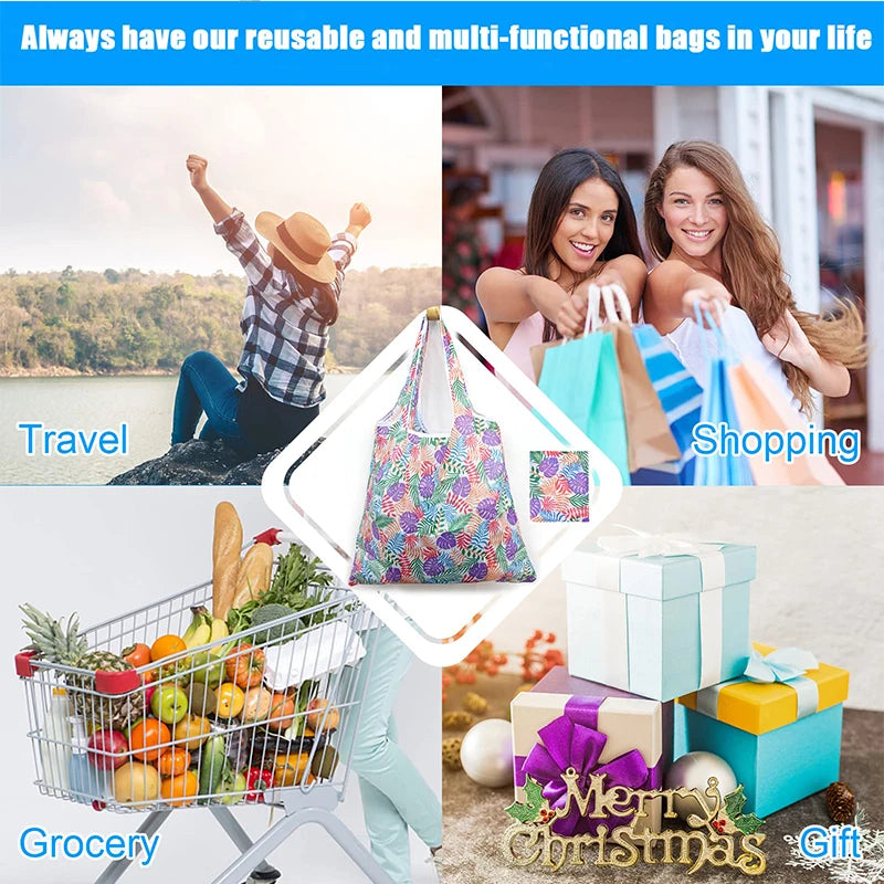 A collection of reusable and multi-functional bags used for travel, shopping, and grocery storage.