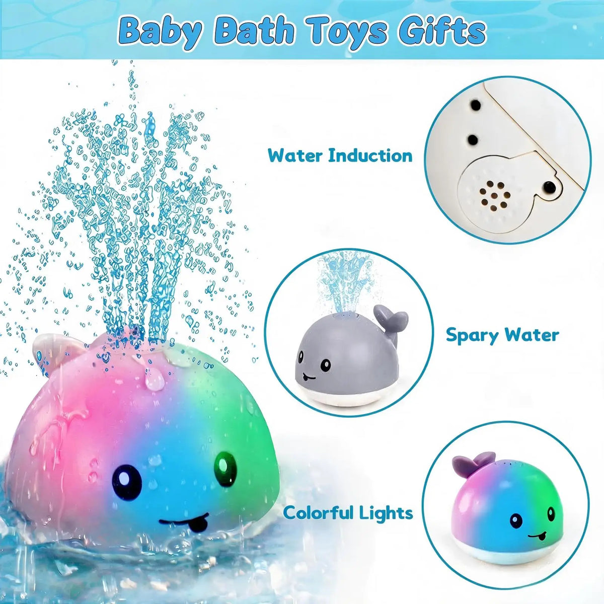 A colorful light-up whale bath toy is shown spraying water and emitting colorful lights in a bath.