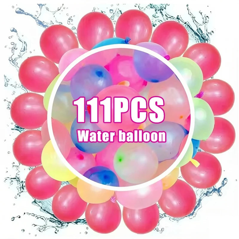 A pile of 111 pink and purple water balloons scattered on a white surface.