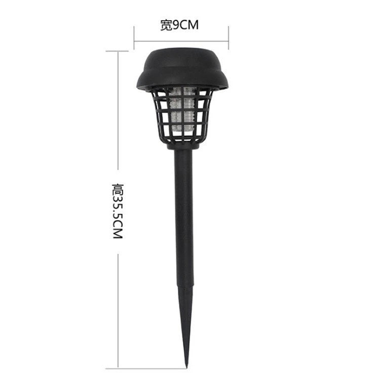 Schwarzer solarbetriebener Insektentötungs- und Moskitierlampen mit 9 cm Kopf und 35,5 cm Gesamthöhe.