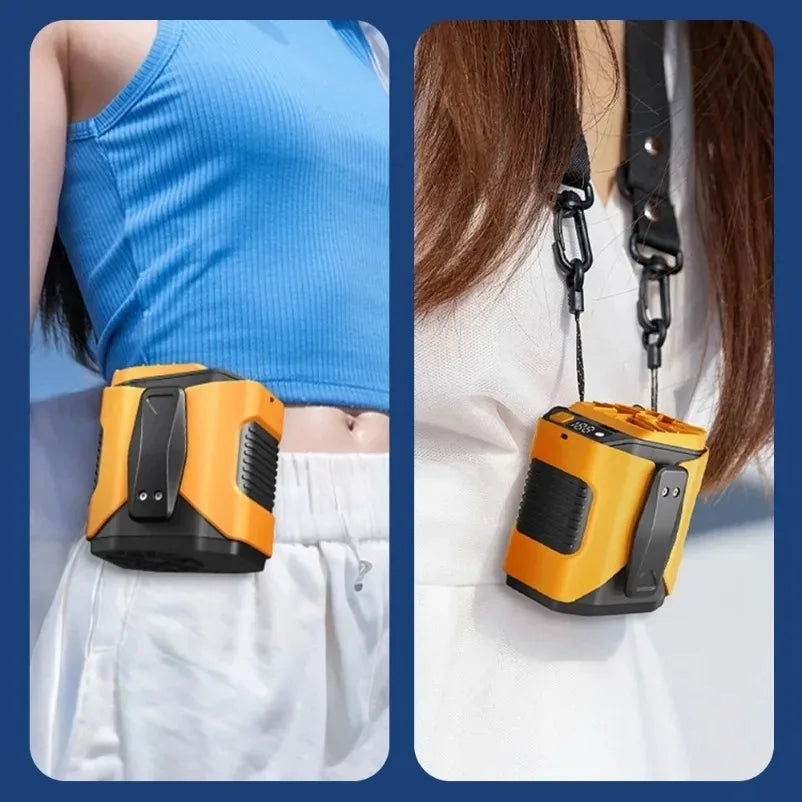 Orange and black rechargeable hands-free waist fan with a power bank attached to a strap.