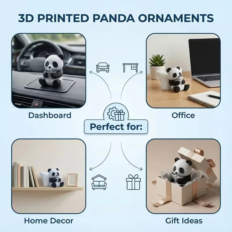 3D printed panda ornaments shown as dashboard decor, office accessories, home decor items, and gift ideas.