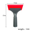 A black car windshield ice scraper and squeegee with a red blade, shown with dimensions and weight.
