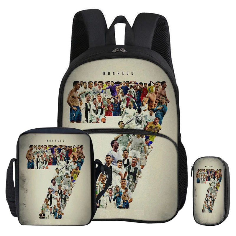 A black football star backpack set featuring photos of Ronaldo players and team members.