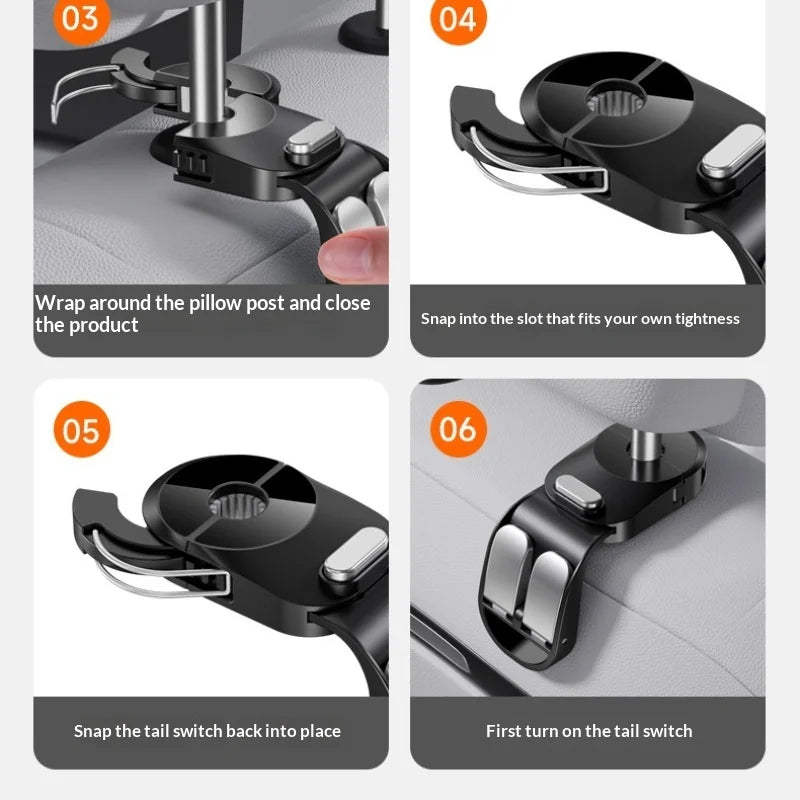 Step-by-step instructions showing how to use and install universal car seat back hooks for hidden storage.