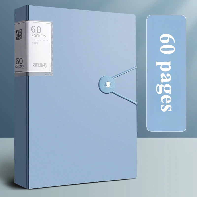 A light blue A4 expanding file organizer with a clear pocket divider and a page counter visible.