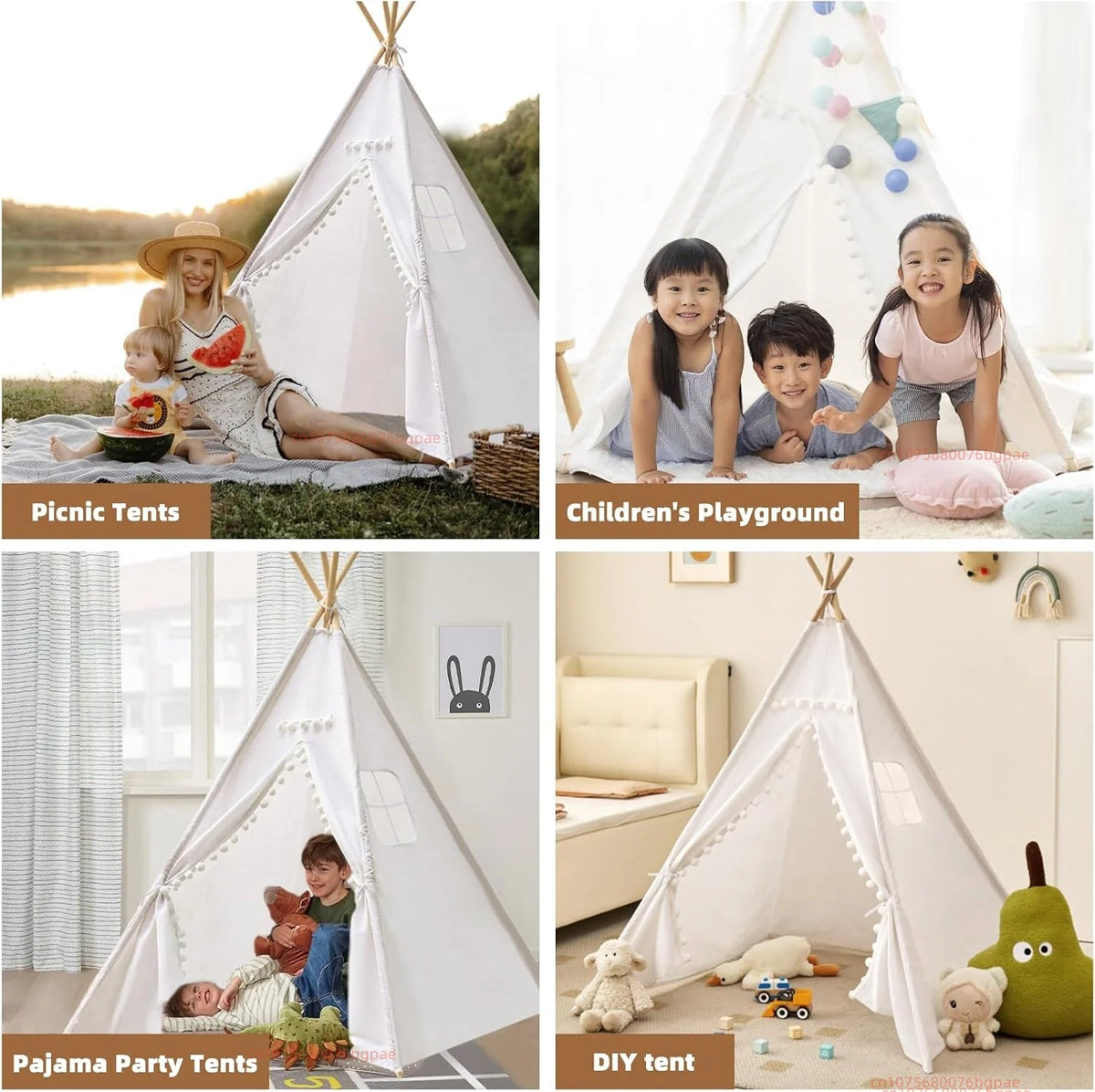 Various images of a white foldable play tent or teepee used for picnics, playgrounds, and pajama parties.