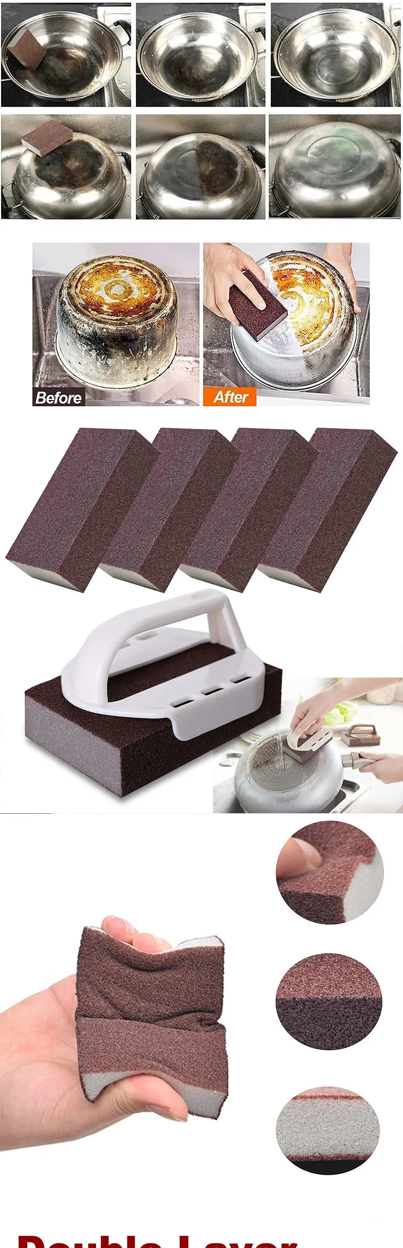 A set of heavy-duty emery sponges for pots and pans shown in various stages, including before and after cleaning.