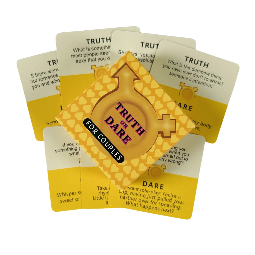 A set of yellow cards for a truth or dare game featuring questions and prompts.