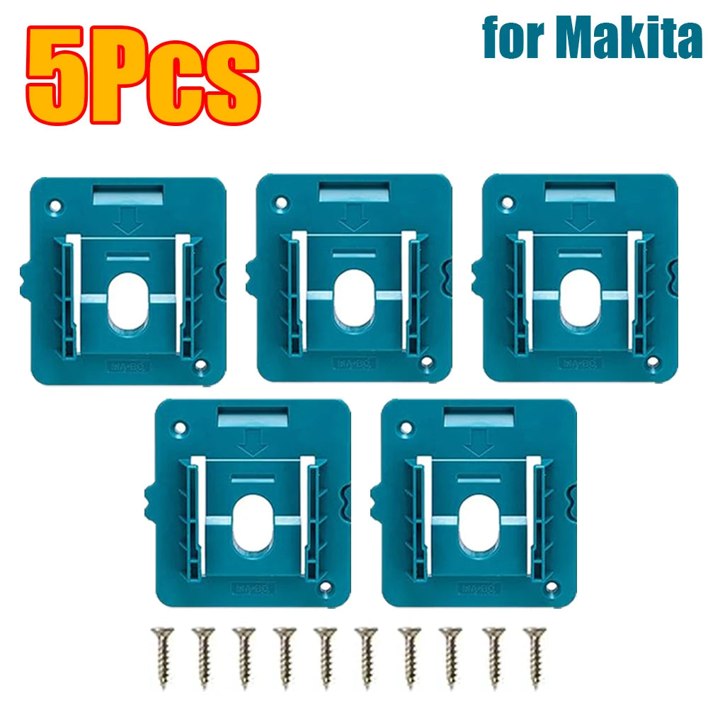 Five blue plastic battery holders and screws for Makita power tools