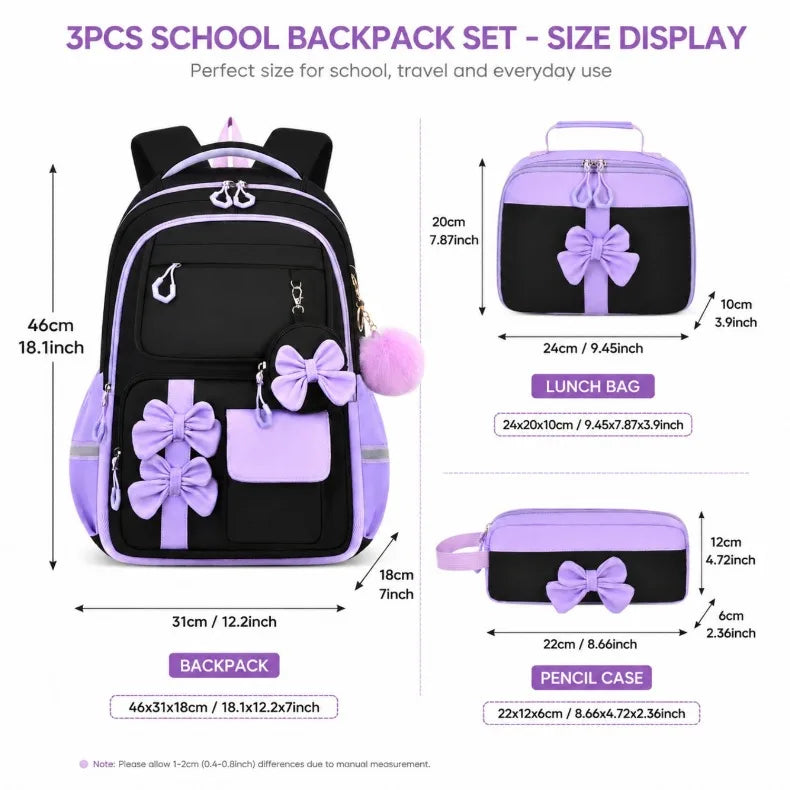 Cute 3-Piece Backpack Set for Girls with Lunch Bag & Pencil Case