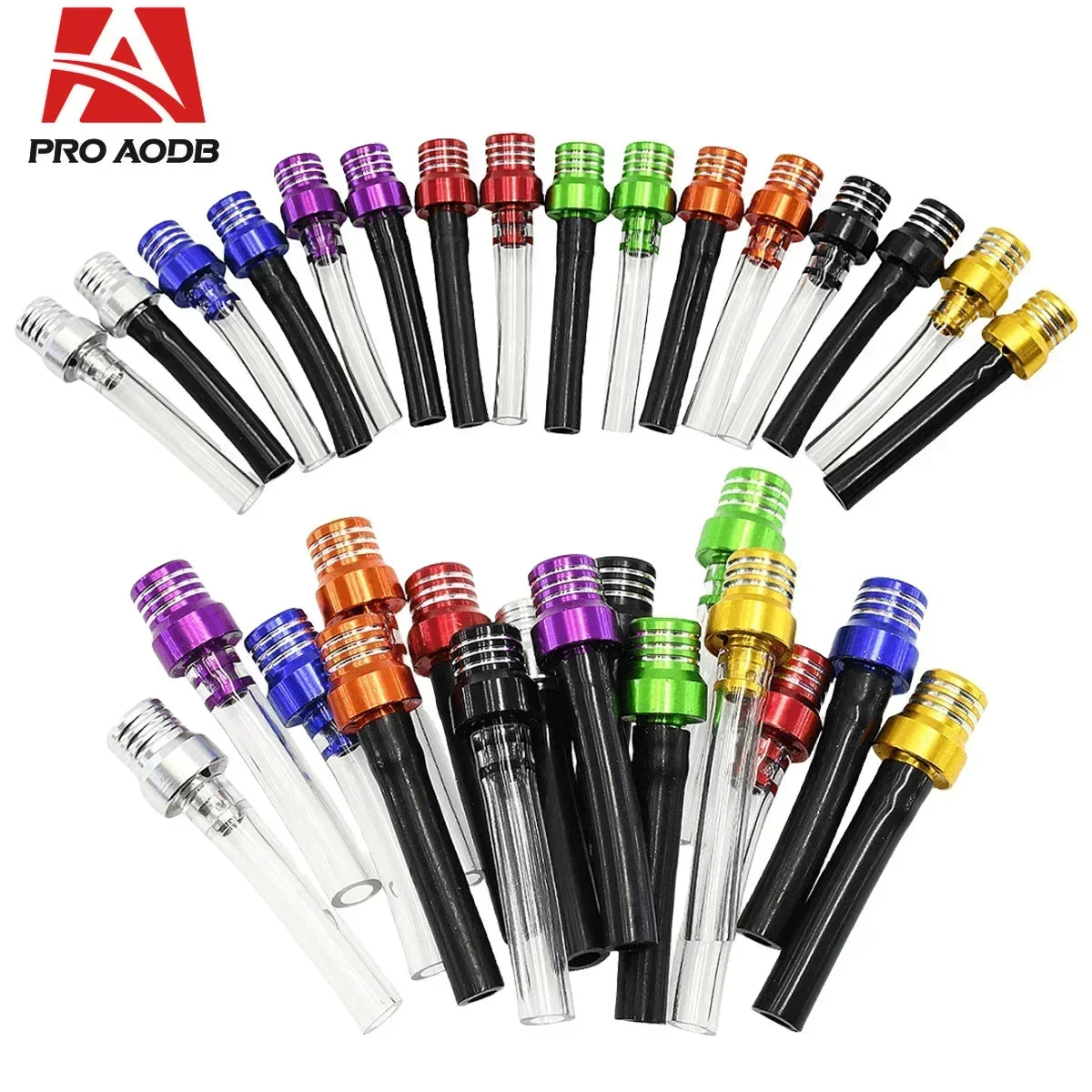 A collection of various motorcycle one-way fuel tank breather valves with different colored and sized fittings.