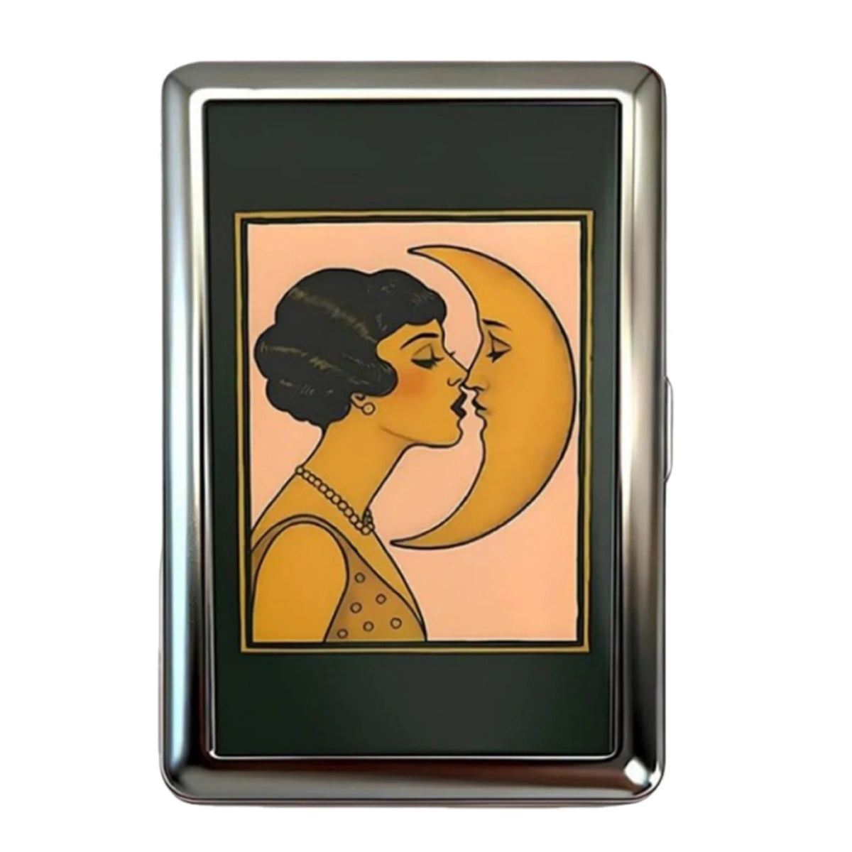 Vintage metal card and cash case featuring an Art Deco design of two profiles kissing against a peach background.
