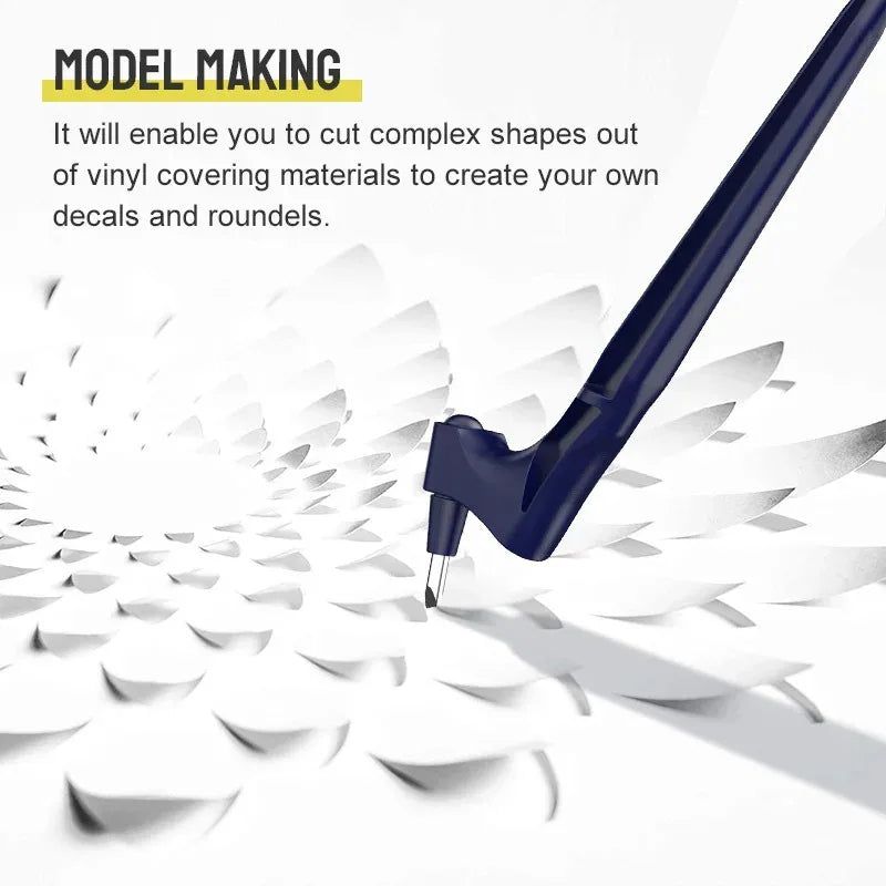 A dark blue craft knife is shown cutting vinyl materials to create decals and roundels.