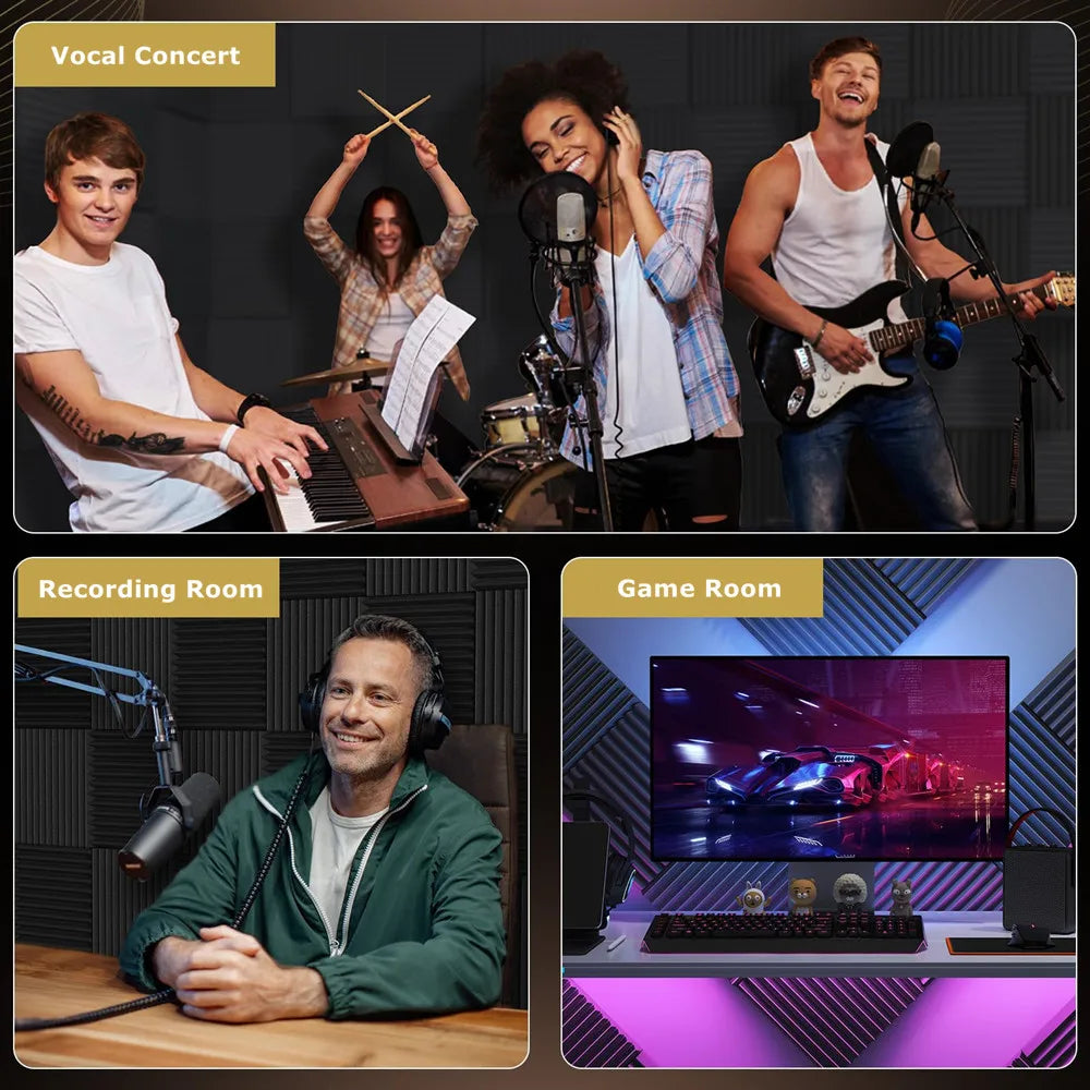 A collage showing a vocal concert, recording room session, and game room setup.
