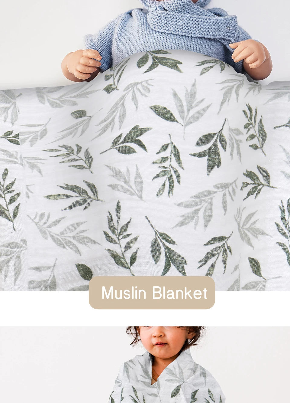 A baby is wrapped in a white muslin blanket featuring green leaf patterns.