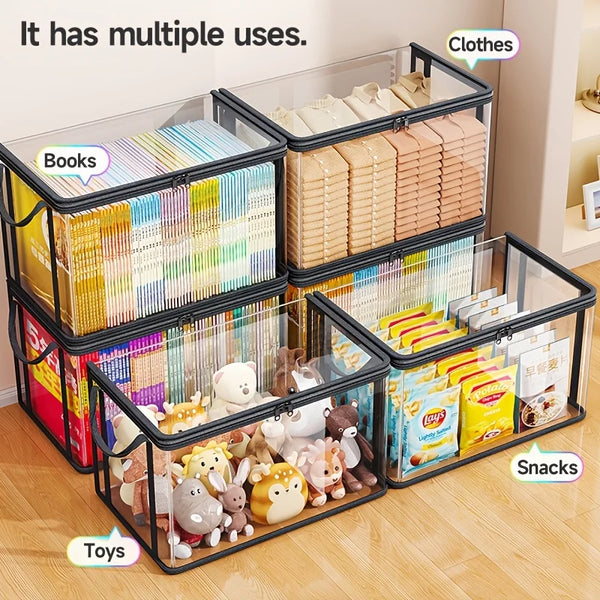 A clear plastic storage box with multiple compartments for organizing books, clothes, toys, and snacks.