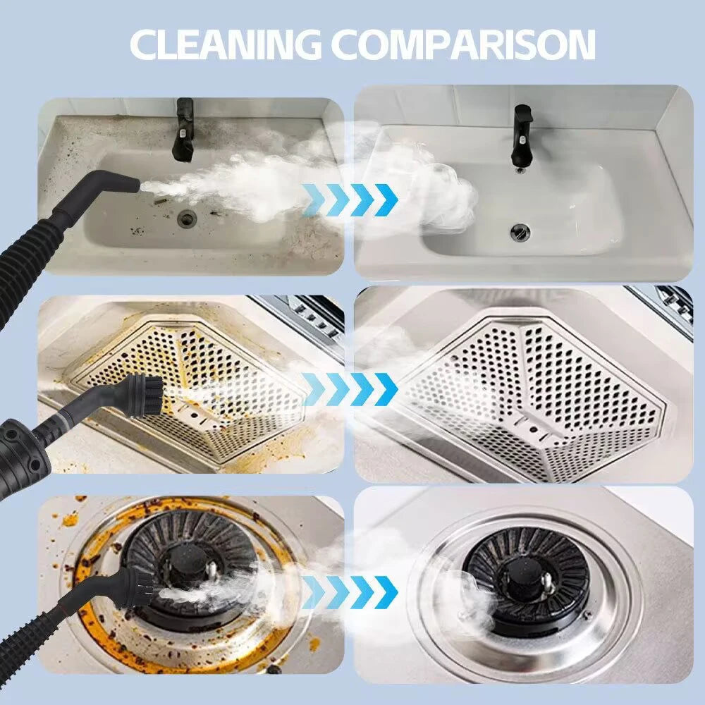 Comparaison des méthodes de nettoyage montrant de la vapeur d'un appareil portable sur diverses surfaces.