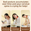 A woman is shown experiencing neck pain while looking at a phone, sitting at an office desk.
