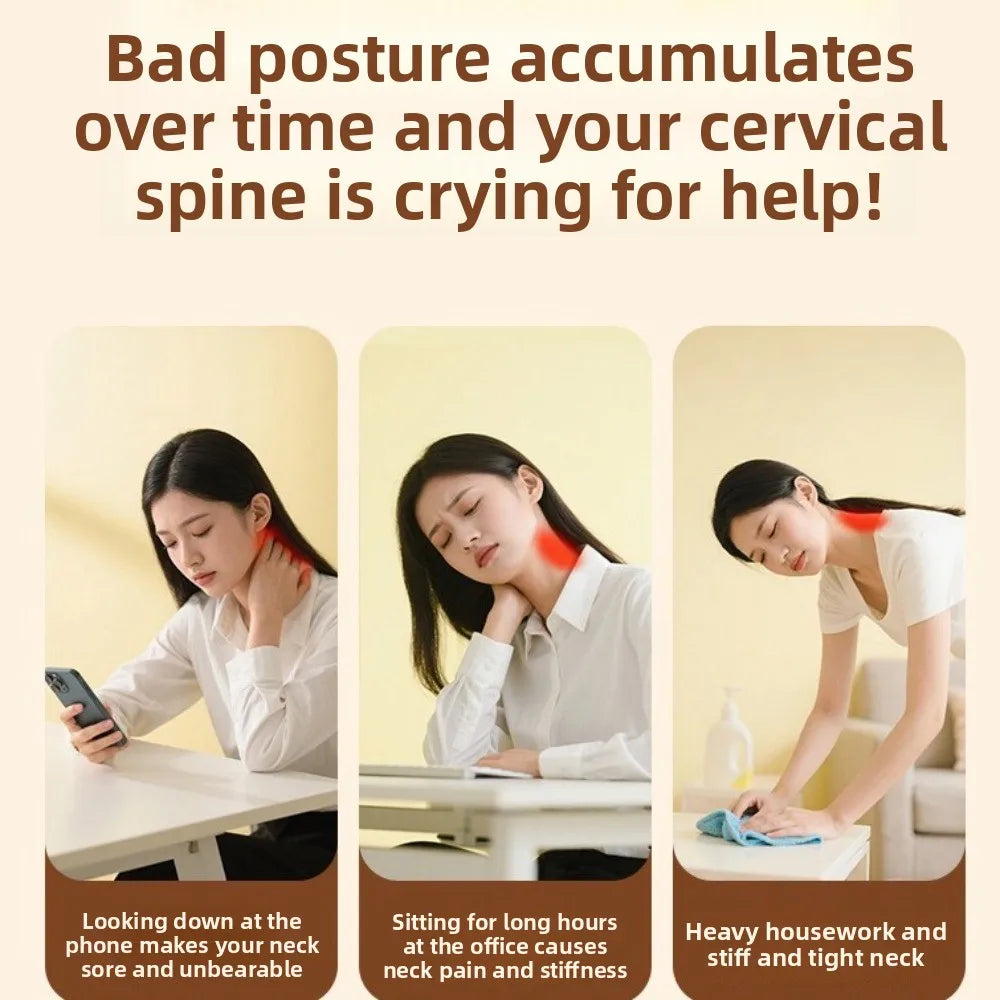 A woman is shown experiencing neck pain while looking at a phone, sitting at an office desk.