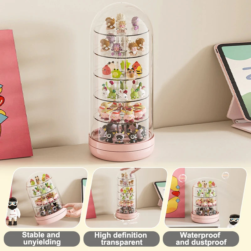 A tall, round, transparent display case with rotating compartments for showcasing collectibles and keepsakes.