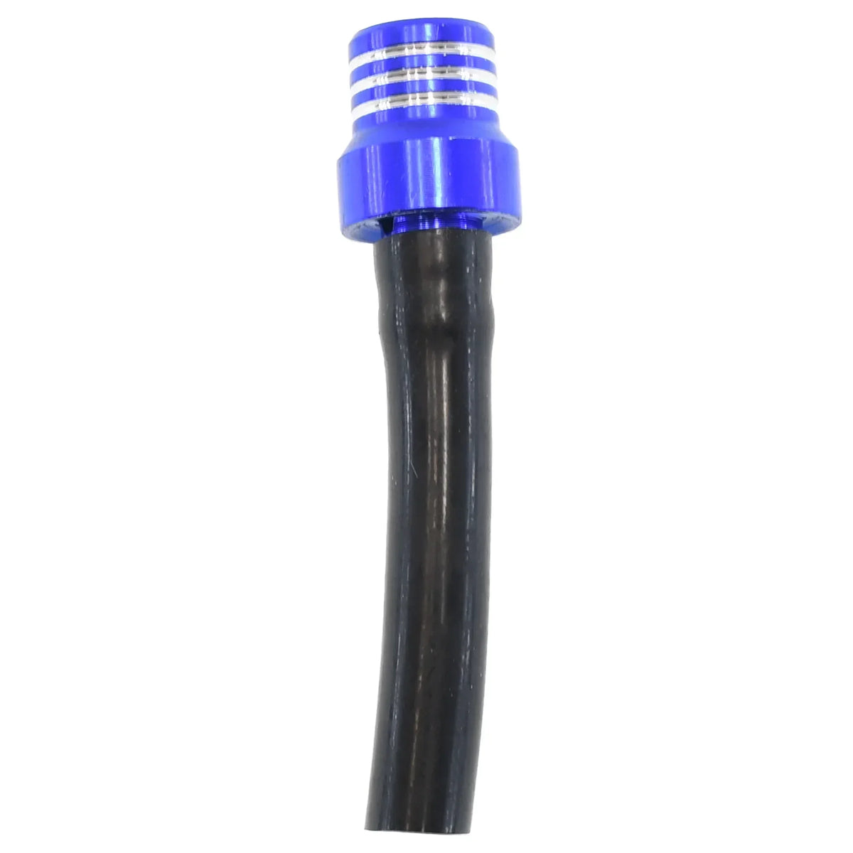A black fuel tank breather valve with a blue threaded cap and metallic stripes.