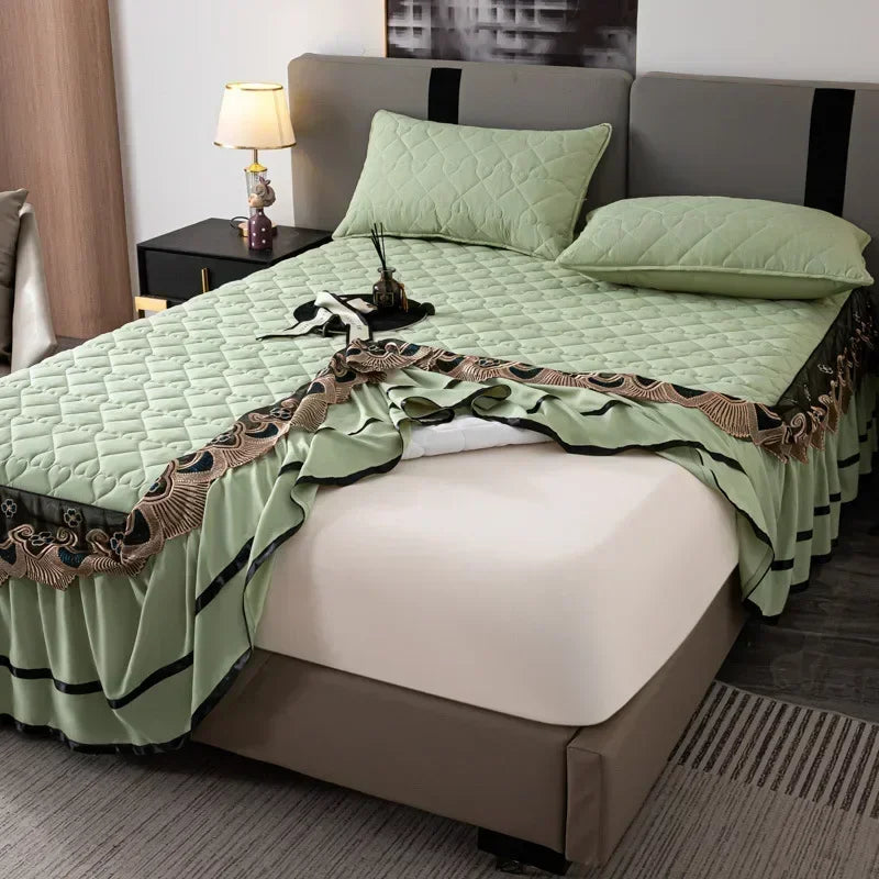 Gold Embroidered Lace Bed Skirt with Heart Pattern