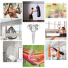 A collection of heavy-duty stainless steel ceiling mount hanging kits used for various fitness and play activities.
