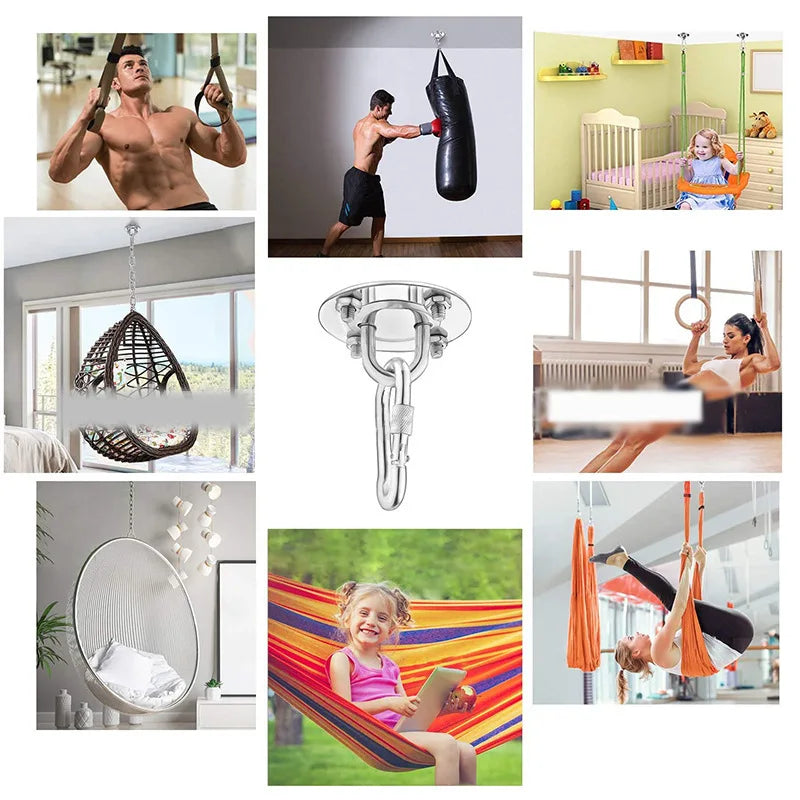A collection of heavy-duty stainless steel ceiling mount hanging kits used for various fitness and play activities.