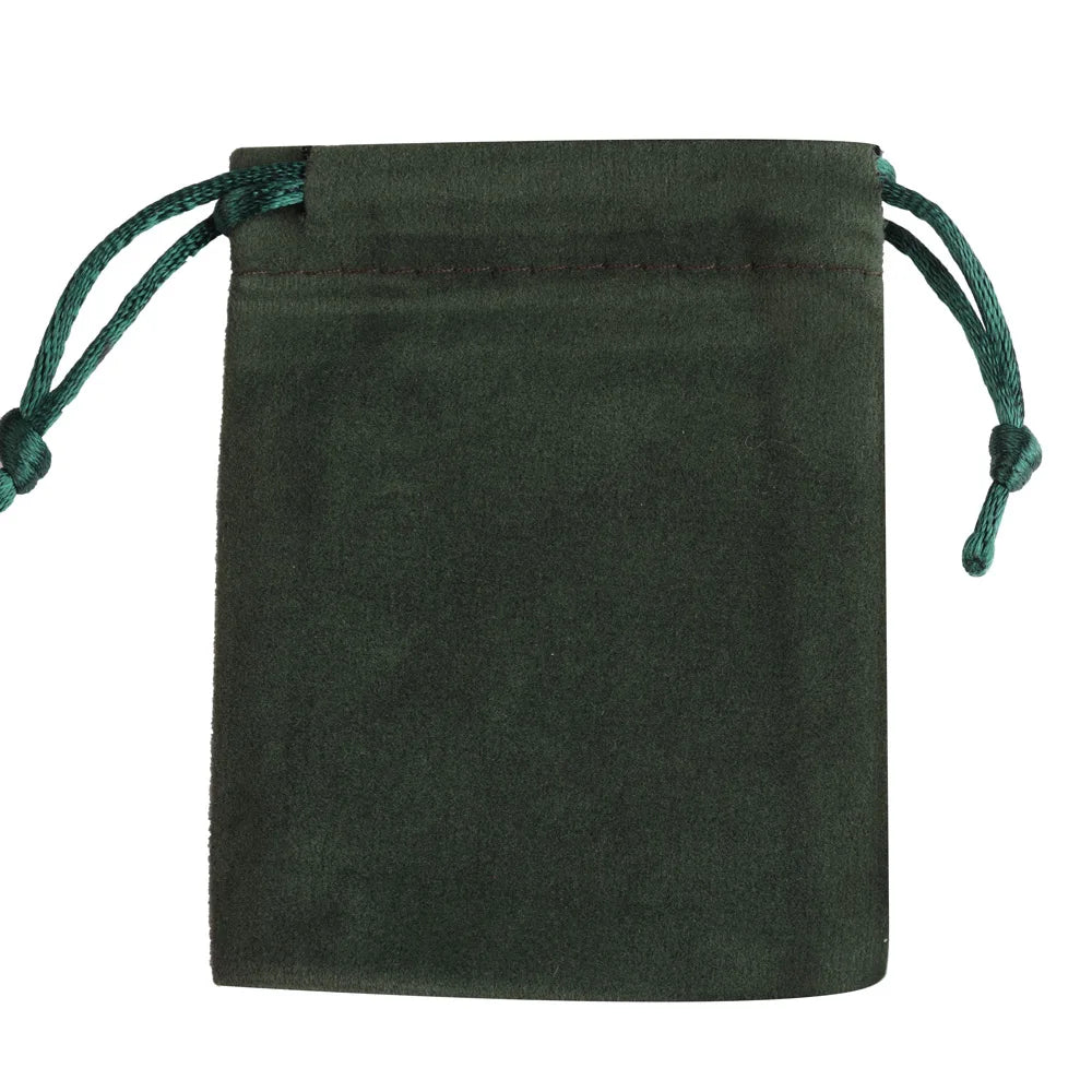Dark green velvet drawstring jewelry pouch with green cord.