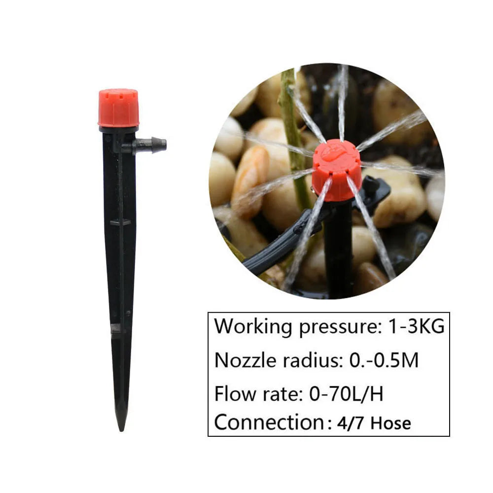 A black drip irrigation nozzle with an orange cap and a magnified view showing its flow pattern.