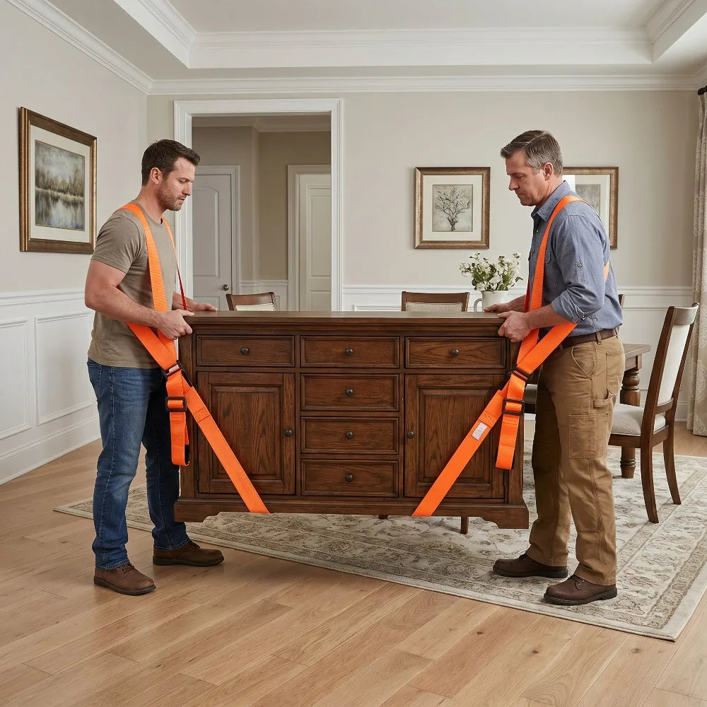 Two men are using orange furniture moving straps to lift a wooden cabinet in a well-lit room.