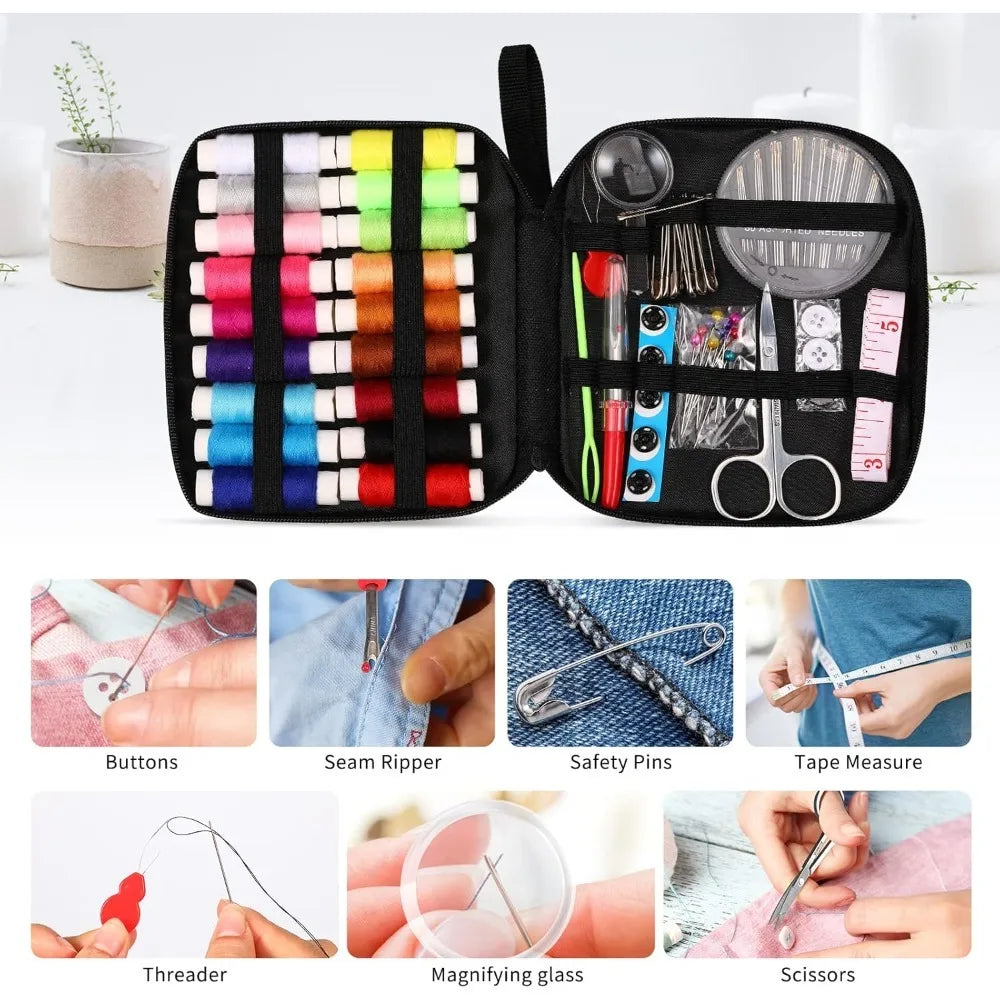 A black sewing kit box showing various tools including buttons, threader, safety pins, magnifying glass, and scissors.