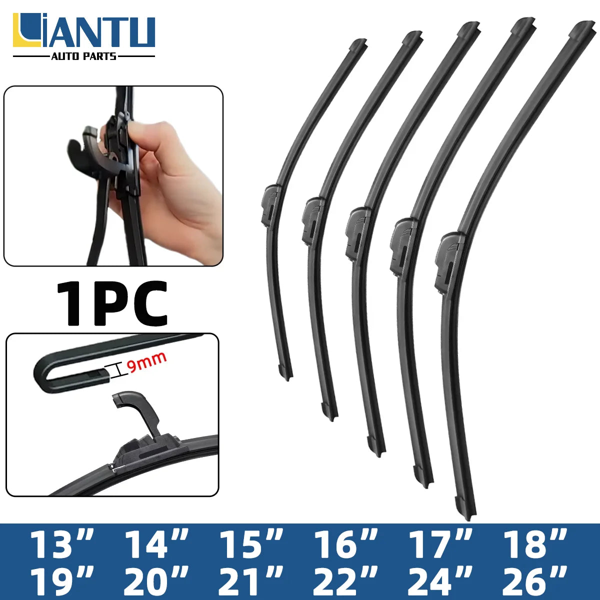 A set of ten black universal frameless windshield wiper blades with various lengths shown alongside a hand demonstrating inst