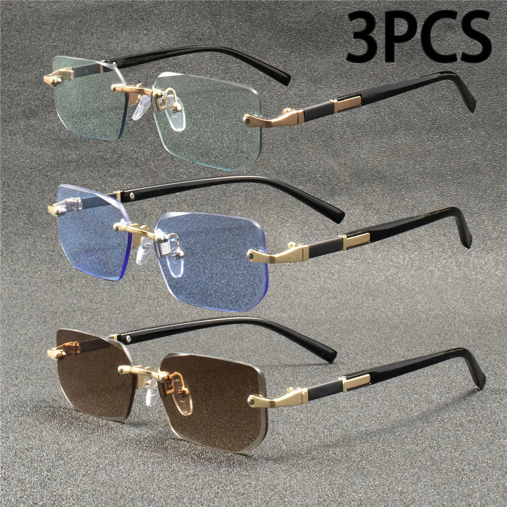 Trois paires de lunettes rectangulaires sans monture dans diverses couleurs, y compris des tons verts, bleus et bruns.