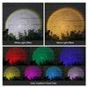 A display of various light effects from solar-powered LED spotlights, including white, warm, and a color gradient.