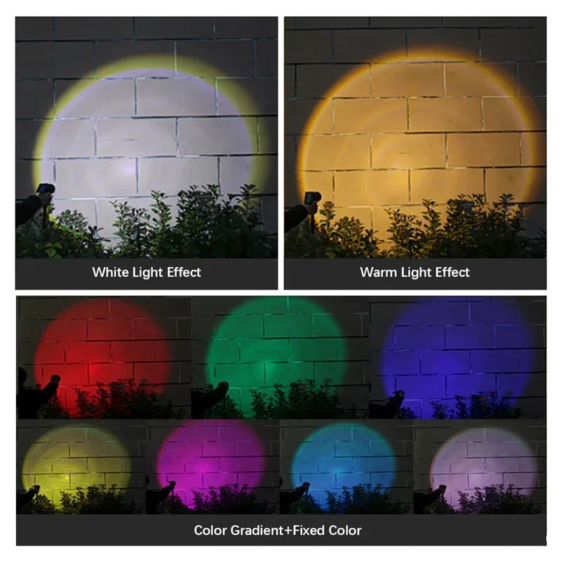 A display of various light effects from solar-powered LED spotlights, including white, warm, and a color gradient.