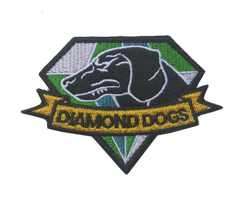 Embroidered patch featuring a black dog silhouette on a green and white shield with yellow text reading Diamond Dogs