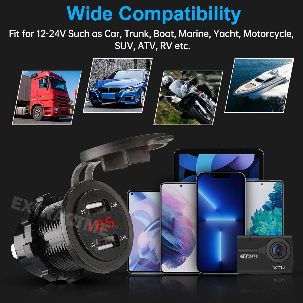 Dual USB Car Charger with LED Voltmeter – Fast Charging 12V/24V