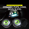 A close-up of a 3-inch LED Devil Eye headlight and its remote control lens module.