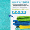 A stack of multi-purpose cleaning cloths in various colors, including green, blue, and yellow.