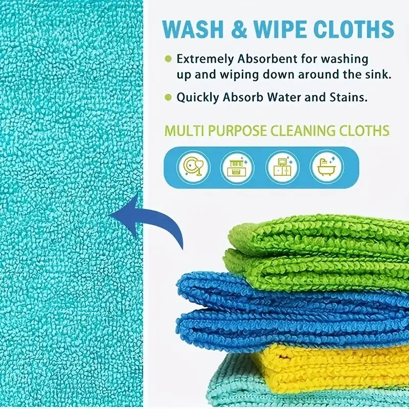 A stack of multi-purpose cleaning cloths in various colors, including green, blue, and yellow.
