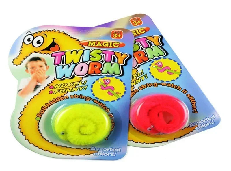 A plastic toy featuring a twisty worm illusion with colorful slime and string features.