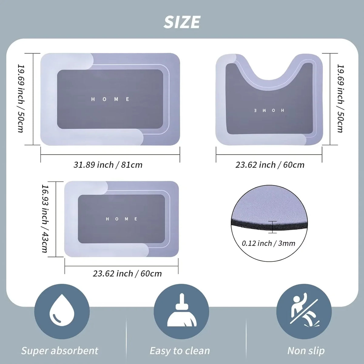 A set of natural diatomium mud floor mats shown with various sizes and features like super absorbency and non-slip grip.