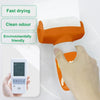 A hand is using an orange wall repair paint roller brush on a white surface, with text highlighting fast drying, clean odour,