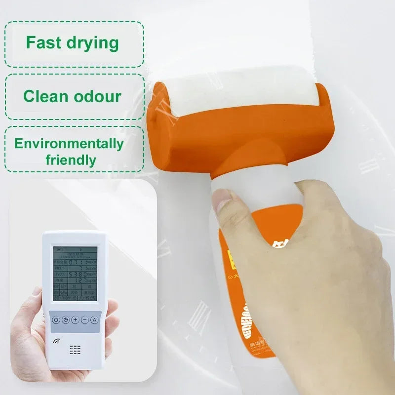 A hand is using an orange wall repair paint roller brush on a white surface, with text highlighting fast drying, clean odour,