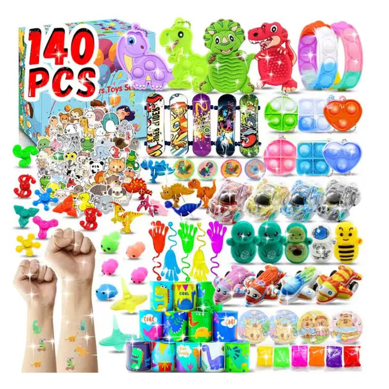 A colorful pack of sensory fidget toys and stickers for kids featuring various textures and shapes.