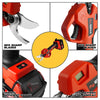Red cordless electric pruning shears with a sharp blade and LED battery level display.